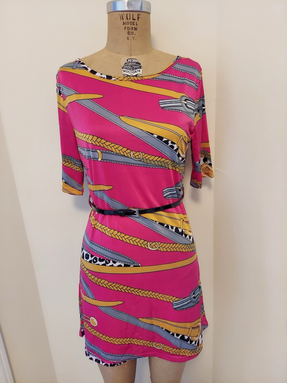 Bacci Designer Hot Pink Patterned Mini Dress with Belt